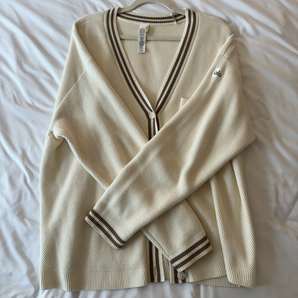 ALO Yoga Cream Knit Cardigan with Taupe Trim - Picture 4 of 8